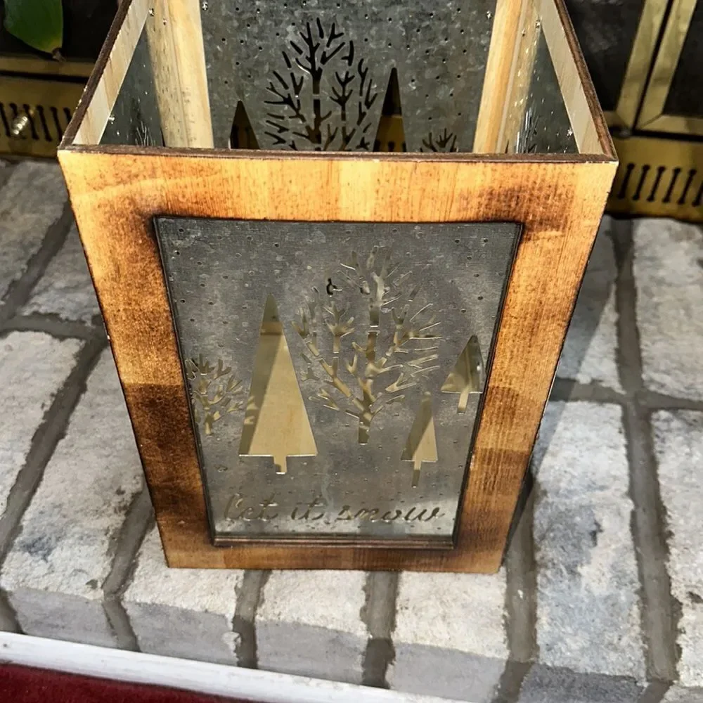 Torched Wood Tin Metal Combo Winter Holiday Gift Box Candle Light Holder